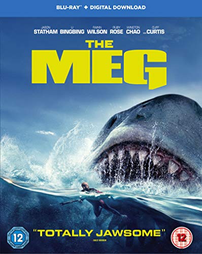 The Meg Blu-ray cover featuring a giant shark emerging from water behind a diver.
