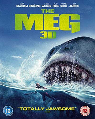 Blu-ray cover for "The Meg" featuring a giant shark and swimmer.