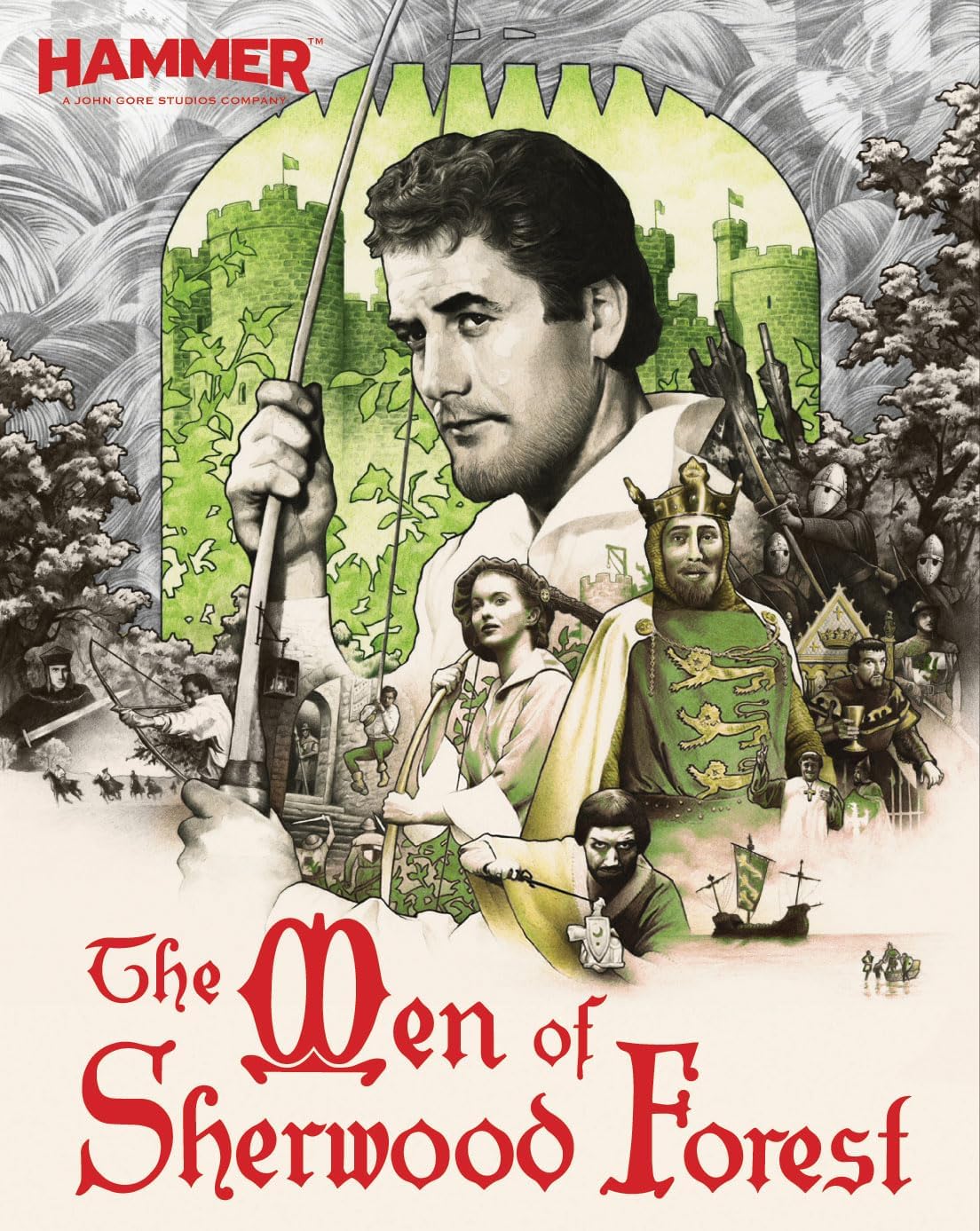 Robin Hood film poster with actors, castle, and forest imagery.