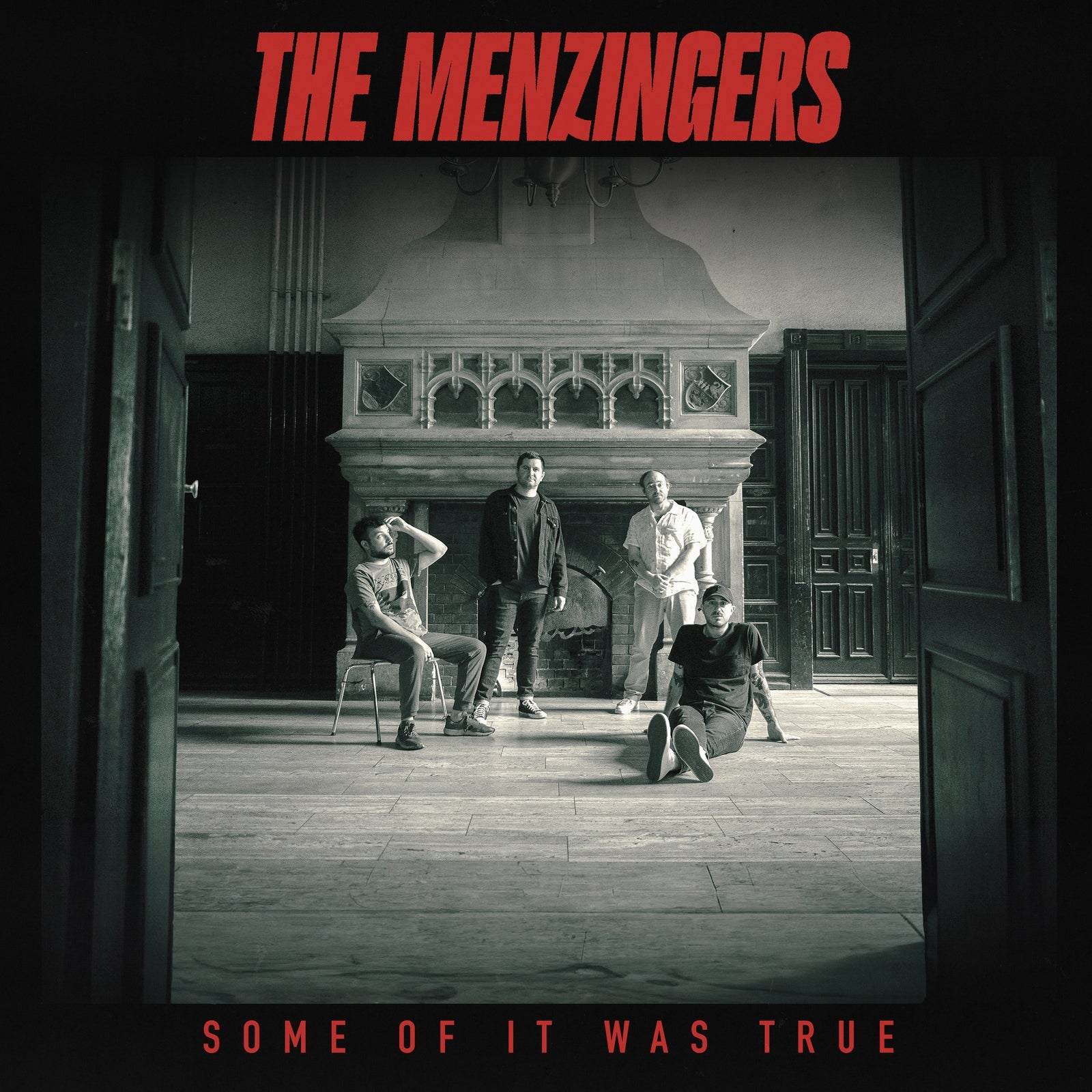 The Menzingers album cover: four people in a room with a fireplace.