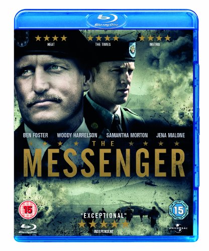 Blu-ray cover for The Messenger featuring Woody Harrelson and Ben Foster in military uniform.