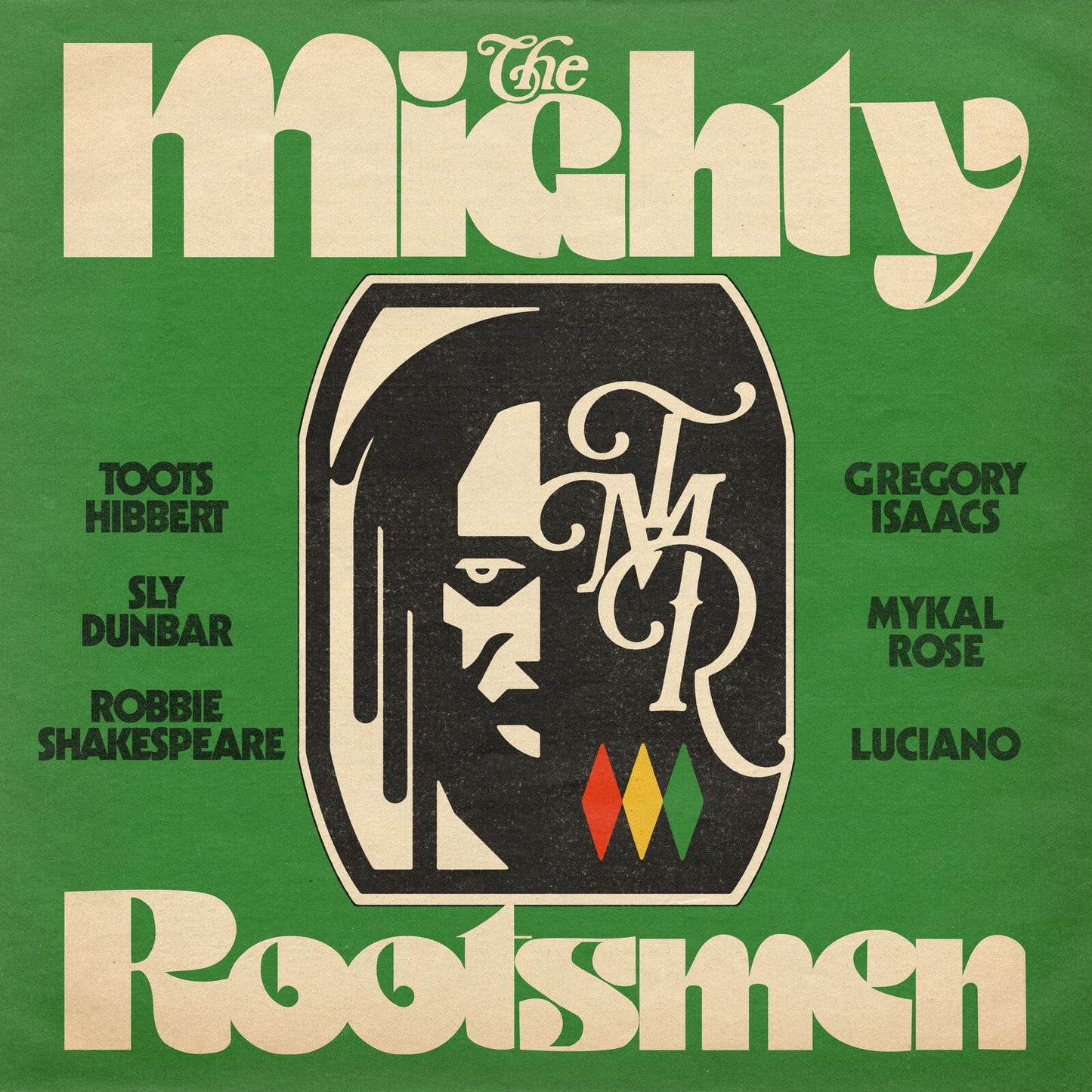 Album cover for “The Mighty Rootsmen” featuring a face in profile and text.