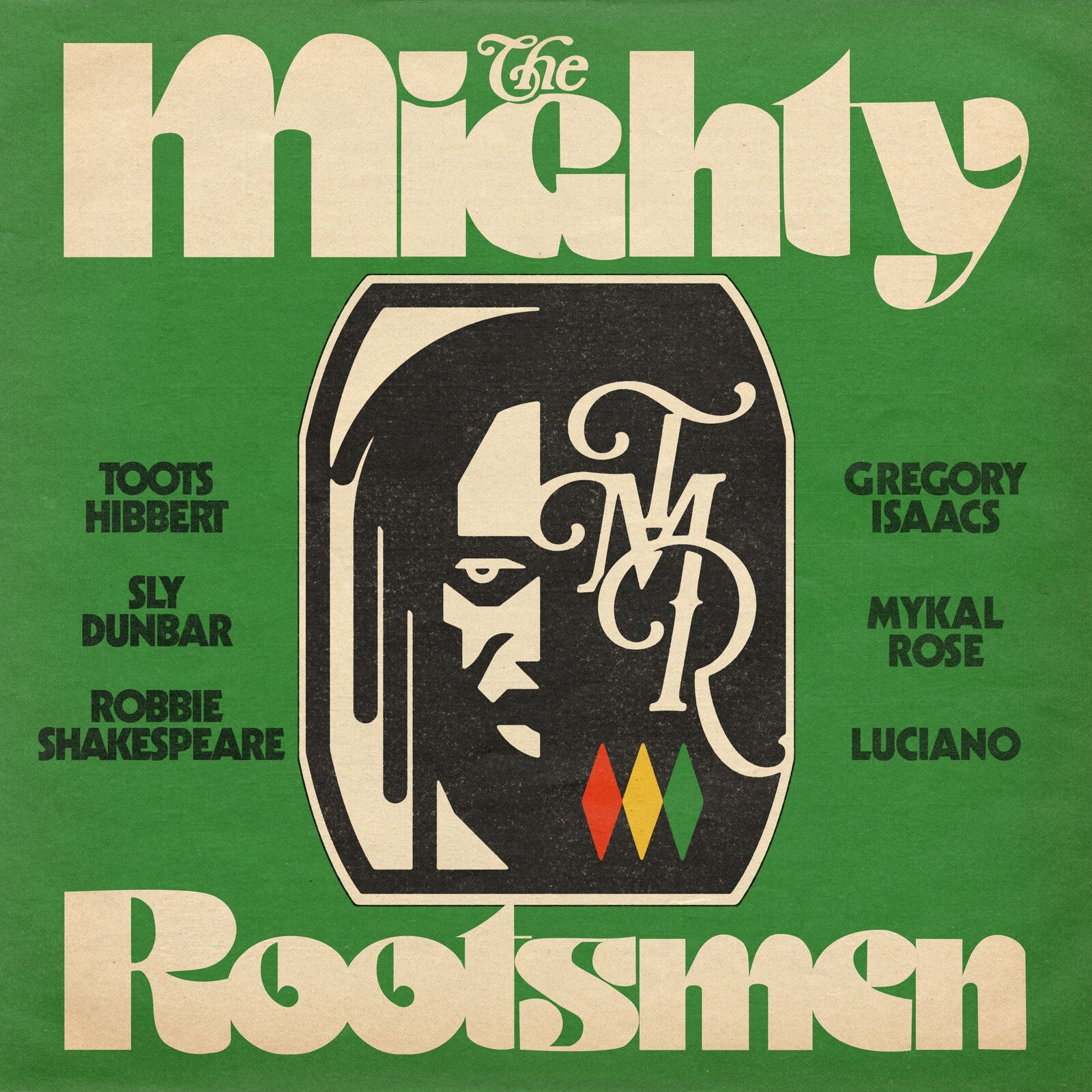 Album cover for “The Mighty Rootsmen” featuring a face in profile and text.