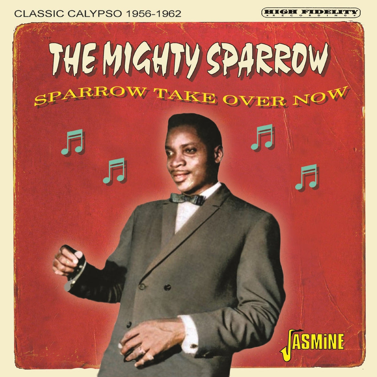 Album cover featuring portrait of The Mighty Sparrow, with musical notes.