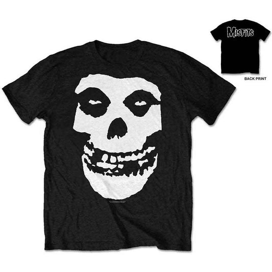 A man wearing a black t-shirt featuring a large white Misfits skull graphic.