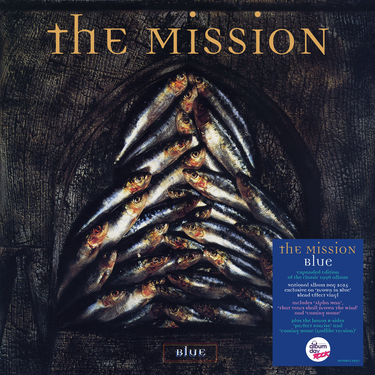The Mission" album cover: textured blue surface with many eyes.