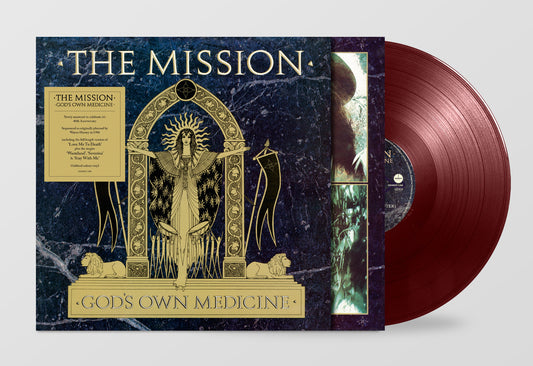 Red vinyl record of The Mission’s “God’s Own Medicine” album cover.