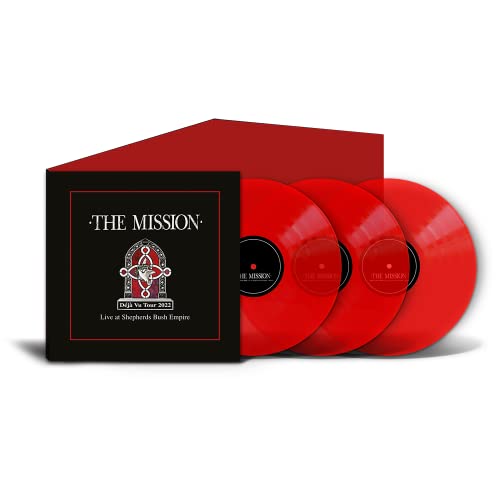 Black box set containing three red vinyl records by The Mission.