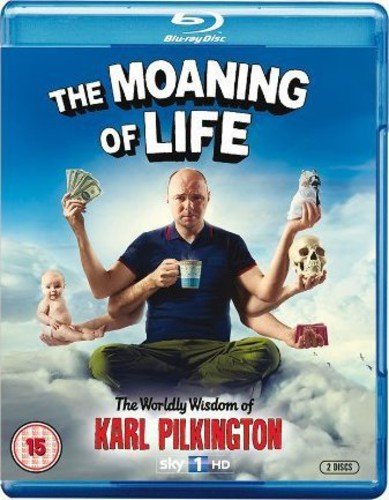Blu-ray cover for "The Moaning of Life" featuring Karl Pilkington in lotus position.