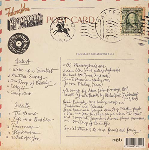 Vinyl record back cover designed like a vintage, handwritten postcard.