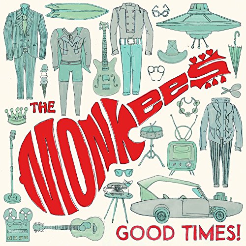 "Album cover with 'The Monkees' and 'Good Times!' text, surrounded by eclectic illustrations."