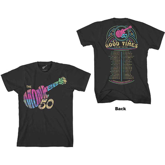 Man wearing black t-shirt with colorful guitar and "The Monkees" logo.