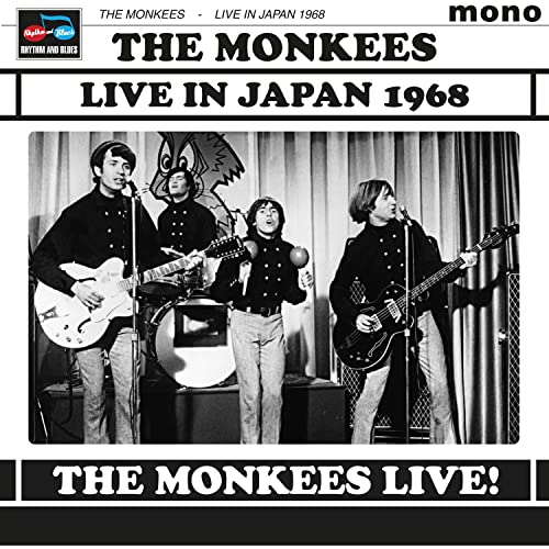 Black and white album cover of The Monkees performing live in 1968.