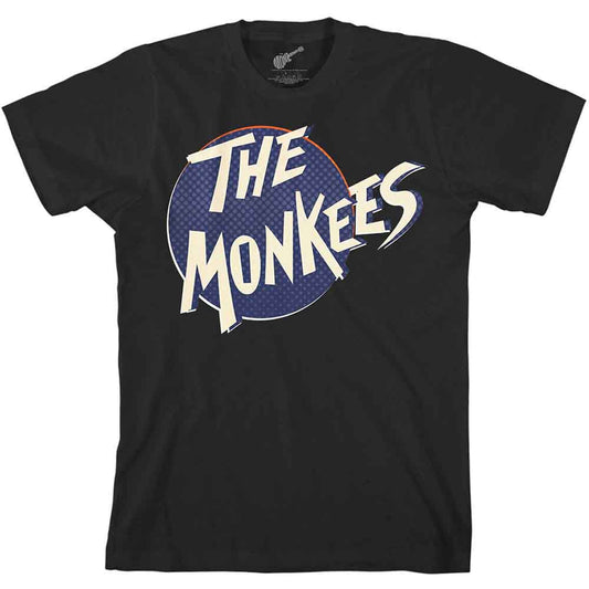 Black t-shirt with retro "The Monkees" logo in a blue dotted circle.