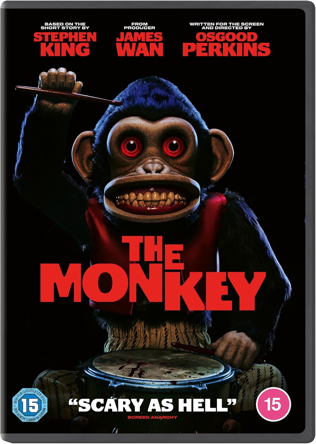 DVD cover for "The Monkey" featuring a menacing, vintage toy monkey.