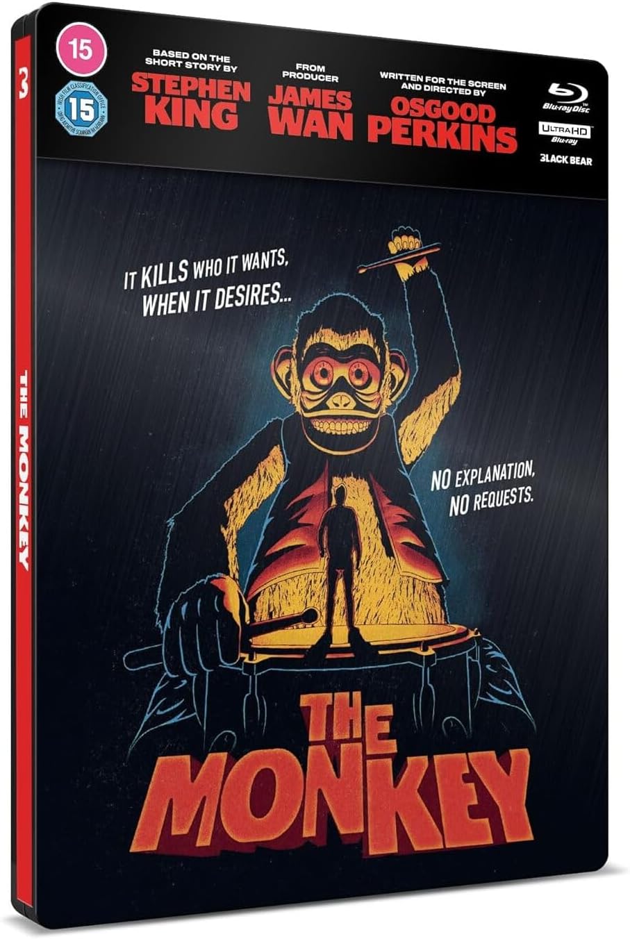 SteelBook cover for "The Monkey" featuring a menacing monkey and silhouetted man.