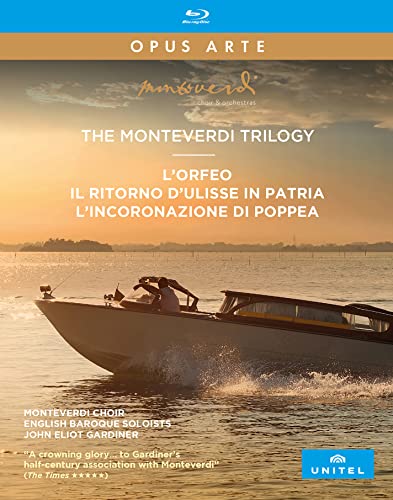 Blu-ray cover for "The Monteverdi Trilogy" featuring a boat on water.