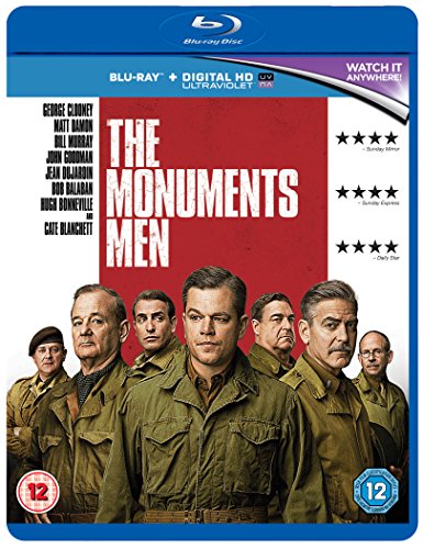 The Monuments Men Blu-ray cover with seven men in military uniforms on white background.