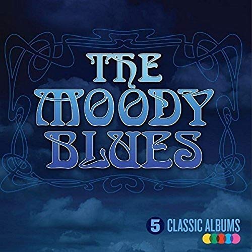 The Moody Blues album cover with ornate blue lettering and clouds.