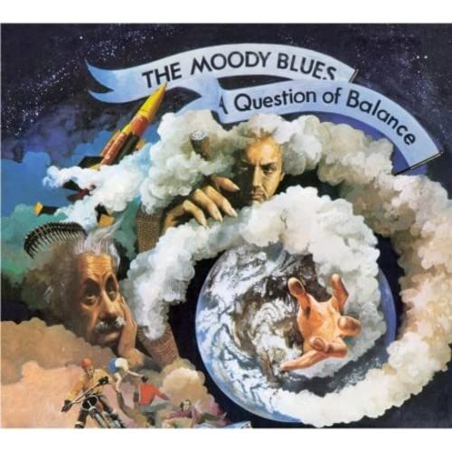 Album cover art featuring The Moody Blues, a globe, clouds, and historical figures.