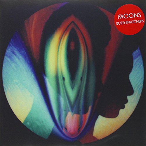Vinyl record cover with abstract, colorful design and red label featuring "The Moons - Body Snatchers".