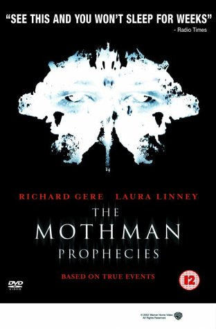 DVD cover for "The Mothman Prophecies" featuring glowing red eyes and title.