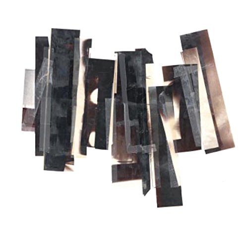 Abstract collage of dark, rectangular shapes on a white background.