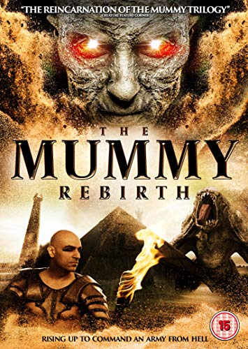 DVD cover for "The Mummy Rebirth" featuring a mummy and Egyptian pyramids.