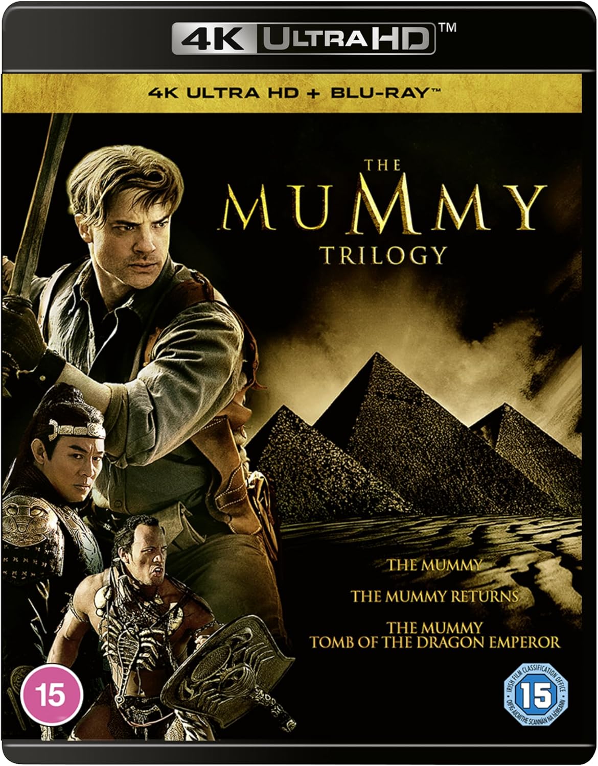 The Mummy Trilogy 4K Ultra HD Blu-ray cover featuring film characters and desert pyramids.