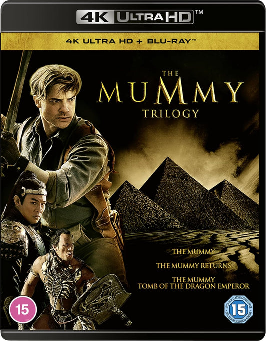 The Mummy Trilogy 4K Ultra HD Blu-ray cover featuring film characters and desert pyramids.