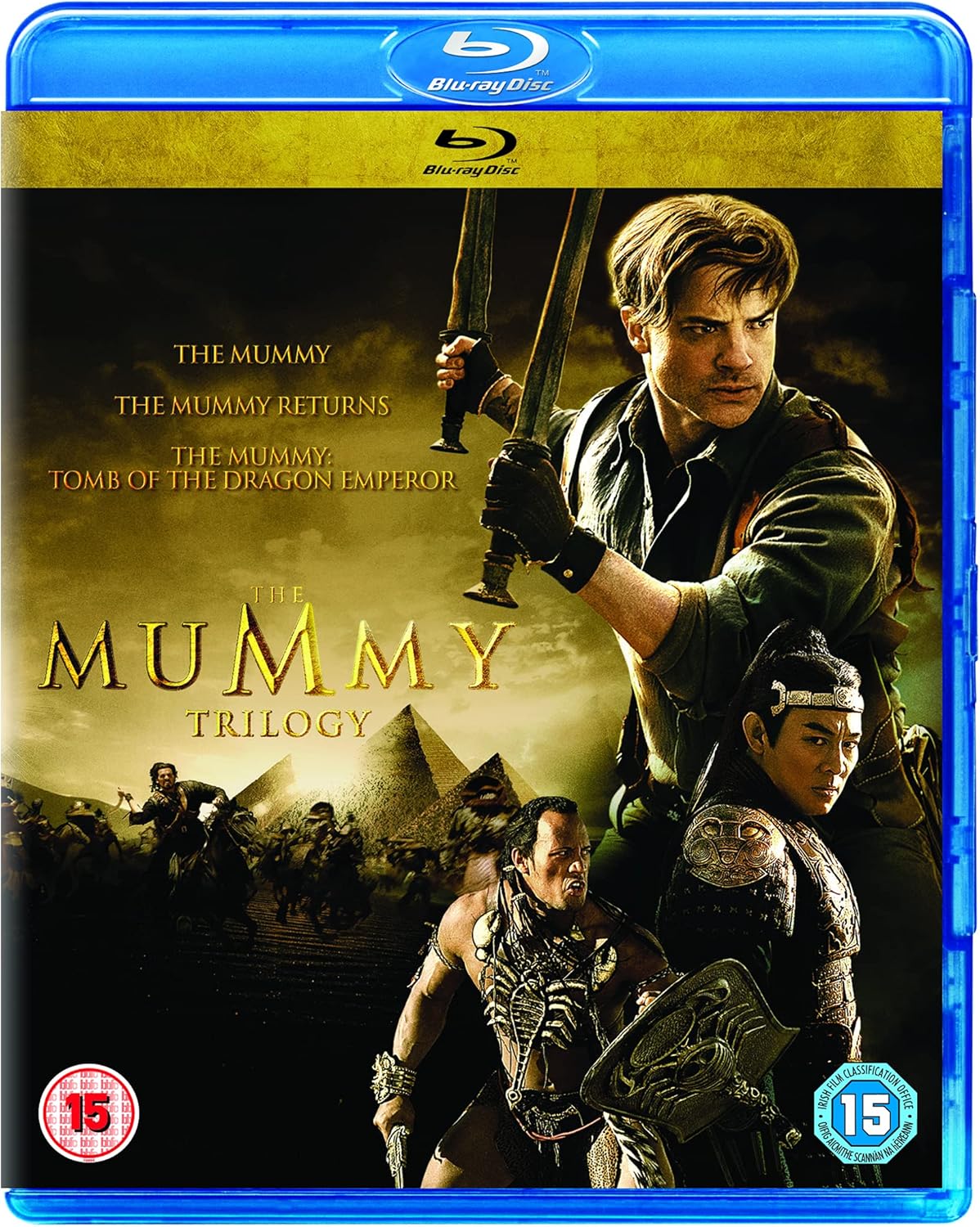 Blu-ray cover for "The Mummy" trilogy featuring Brendan Fraser and Rachel Weisz.