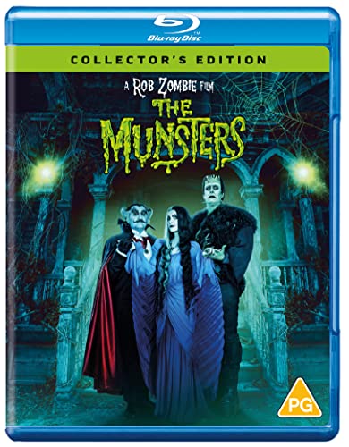 Blu-ray cover for The Munsters featuring three characters in front of a spooky house.