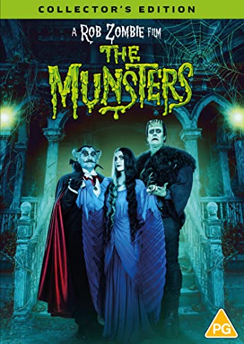 DVD cover art for The Munsters featuring three costumed characters in front of a mansion.