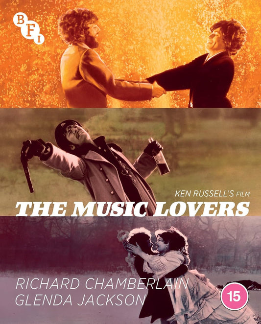 Blu-ray cover for The Music Lovers featuring scenes of Richard Chamberlain and Glenda Jackson.