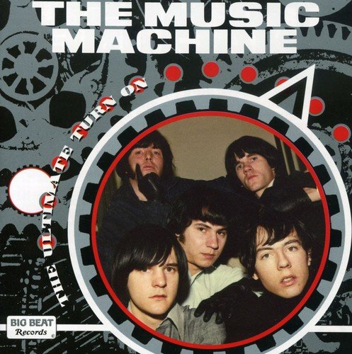 Album cover with a band photo surrounded by a red and white cog.