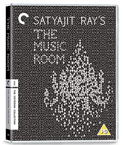 Blu-ray cover for Satyajit Ray's The Music Room with a black patterned background.