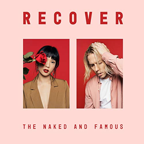 Album cover with two portraits against red backgrounds, on a light pink background.