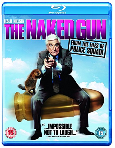 “The Naked Gun” Blu-ray cover featuring Leslie Nielsen with a beaver and bullet.