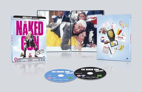 “The Naked Gun” UHD Blu-ray Steelbook with discs and case art.