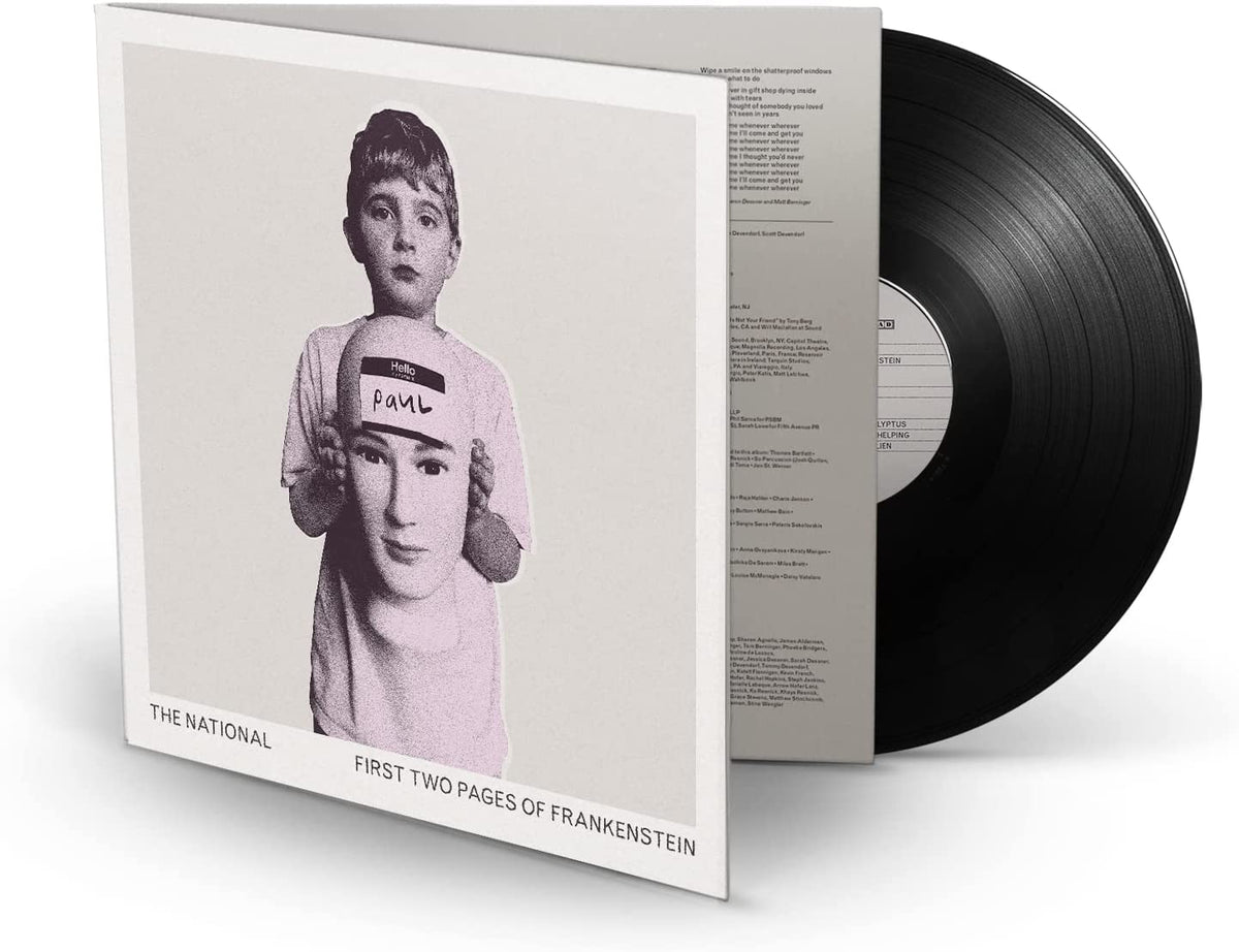 Vinyl record sleeve with a boy holding a face, titled "First Two Pages of Frankenstein".