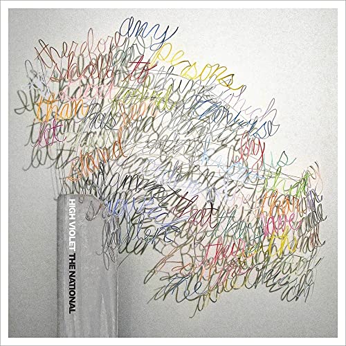 “High Violet” album cover by The National, abstract colorful scribbles on gray.