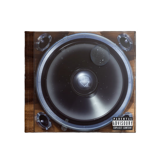 CD cover featuring a large speaker on a wood background with a parental advisory label.