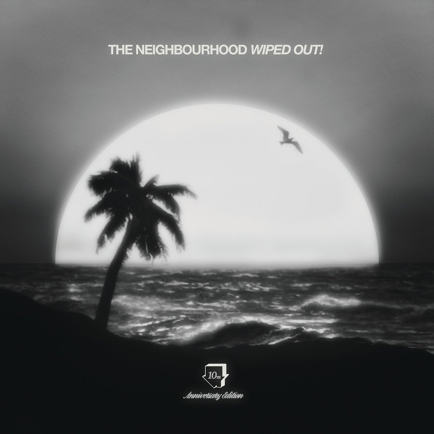 Black and white album cover with palm tree, ocean, sun, and bird.