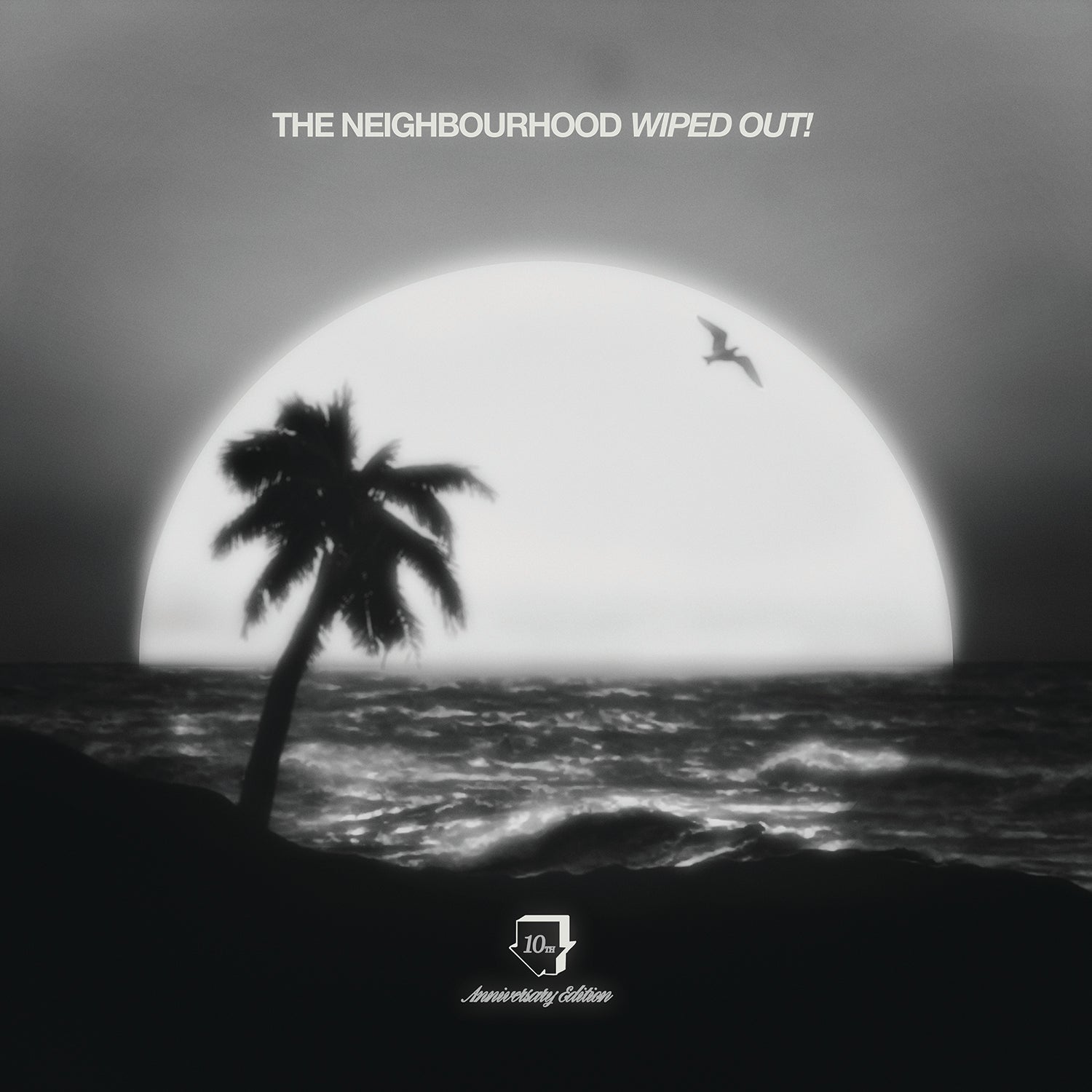 Black and white album cover with palm tree, ocean, sun, and bird.