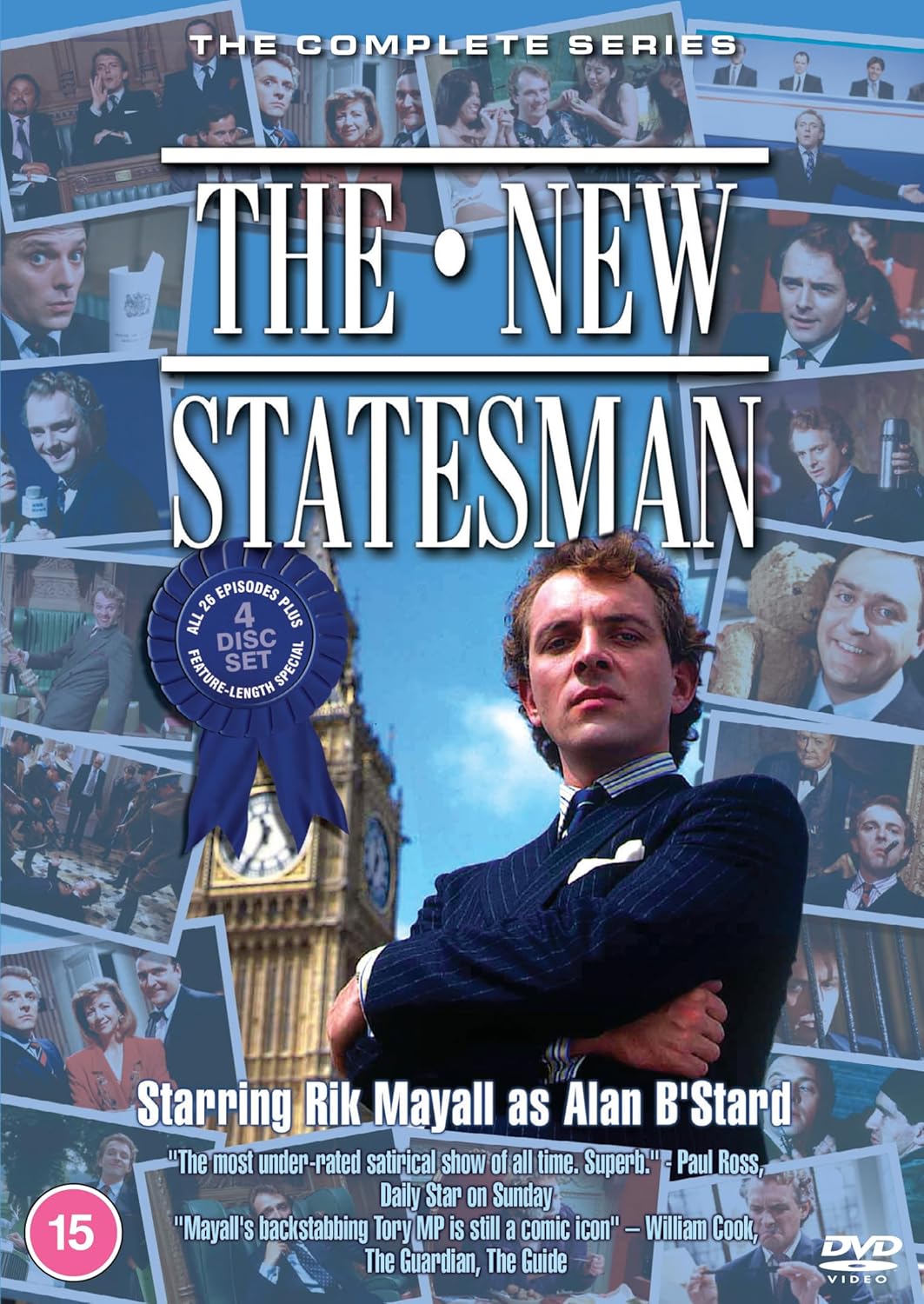 DVD cover for The New Statesman featuring Rik Mayall surrounded by show scene snapshots.