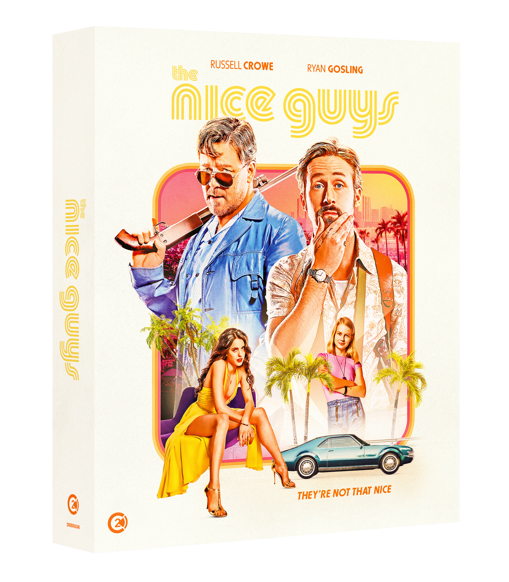 Movie cover with two men and two women, car and palm trees on white background.