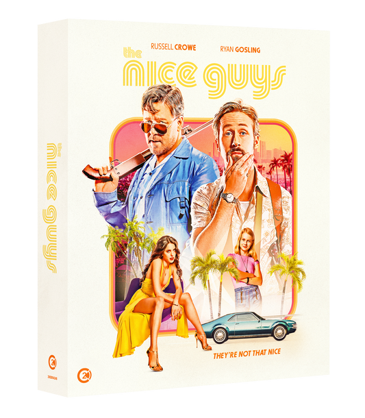 Movie cover with two men and two women, car and palm trees on white background.