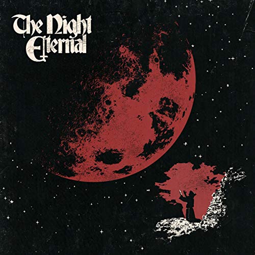 Album cover showing a large red moon and a kneeling figure against starry sky.