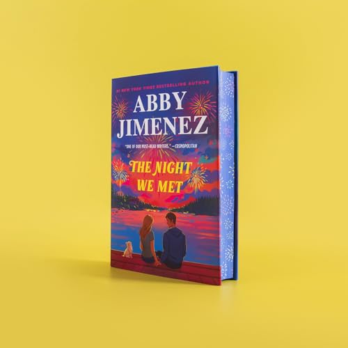 Book cover: "The Night We Met" by Abby Jimenez, couple by water.