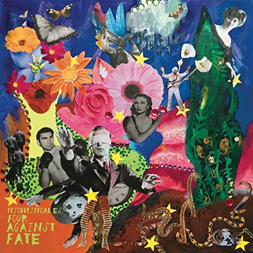 Surreal collage album cover with figures, flowers, animals, and stars.